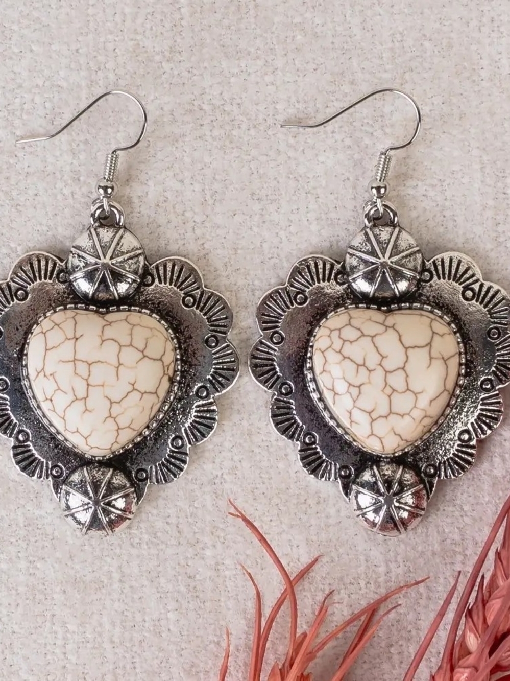 Vintage-Inspired White Crackle Heart Drop Earrings - Women Jewelry